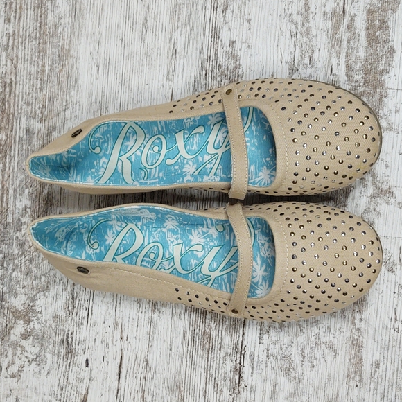 🟨NIB Roxy Metallic Studded Tan Canvas Flats - Picture 4 of 14